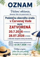 OZNAM o zatvorení podateľne Obecného úradu z dôvodu čerpania letnej dovolenky 